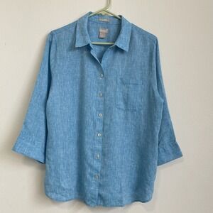 Chico's Shirts Womens size 2 Blue Linen Collared 3/4 Sleeve Button Front Casual